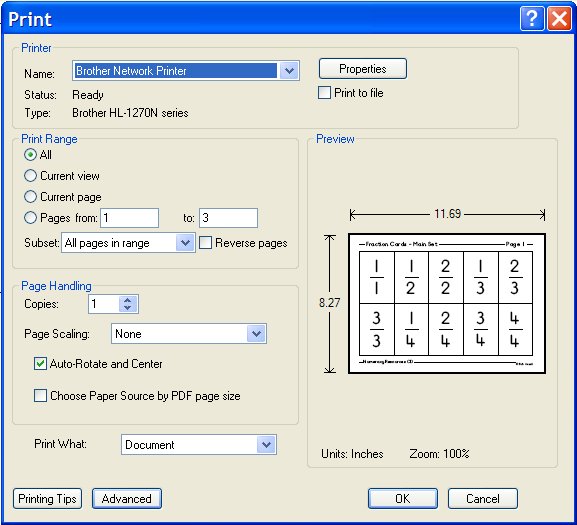Picture of the printer dialogue box used by Acrobat Reader